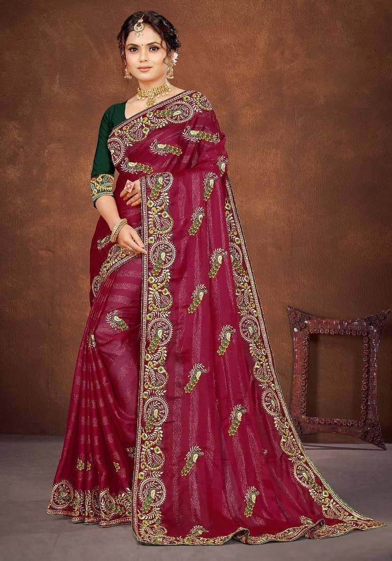 pink color georgette embroidered saree with un-stitched blouse