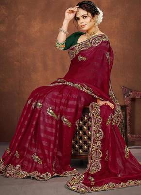pink color georgette embroidered saree with un-stitched blouse 2