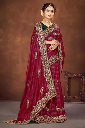 pink color georgette embroidered saree with un-stitched blouse