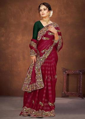 pink color georgette embroidered saree with un-stitched blouse 4