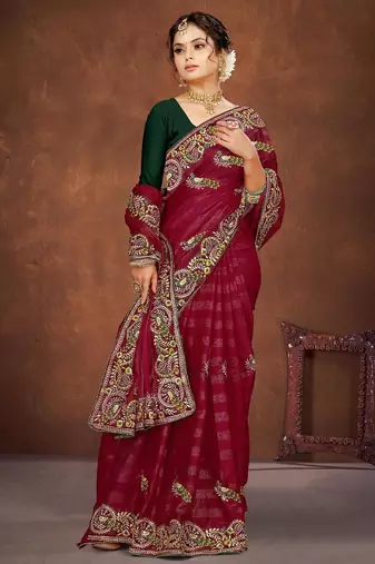 pink color georgette embroidered saree with un-stitched blouse