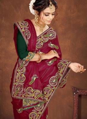 pink color georgette embroidered saree with un-stitched blouse 5