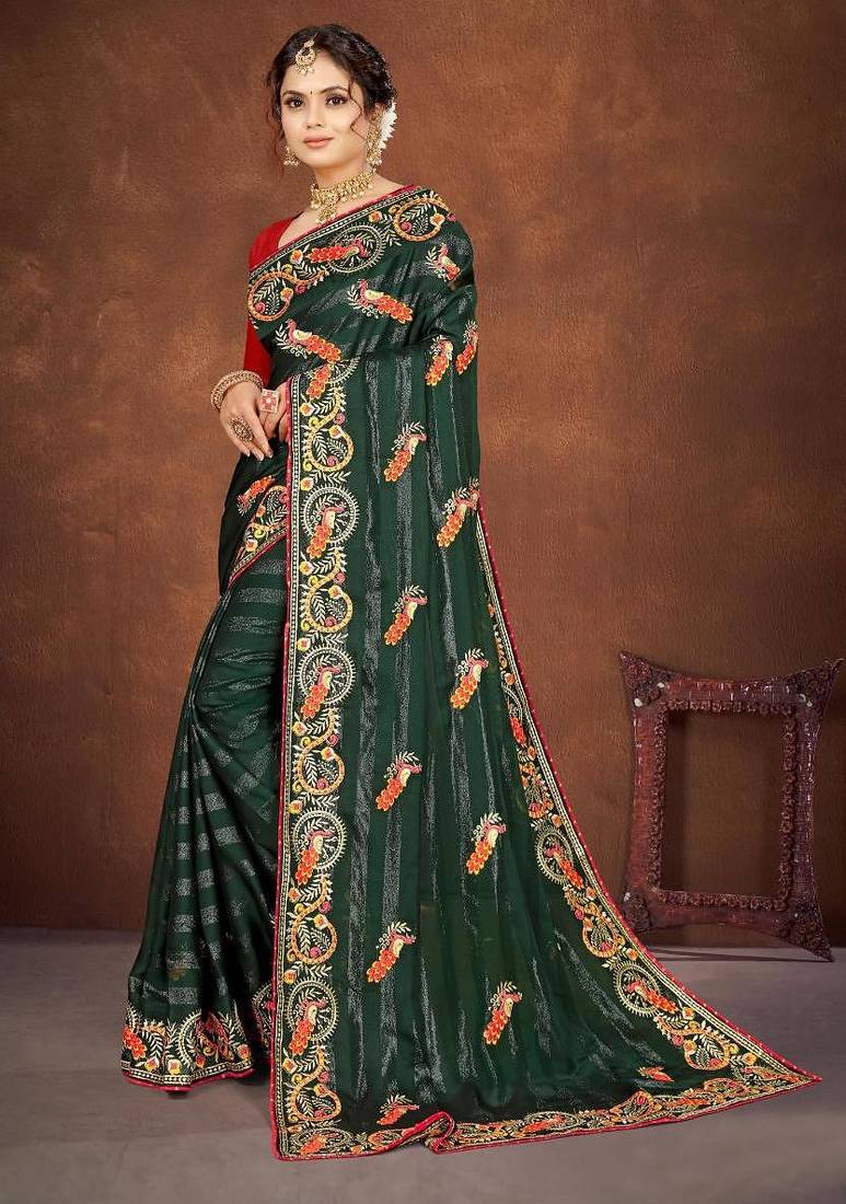 green color georgette embroidered saree with un-stitched blouse