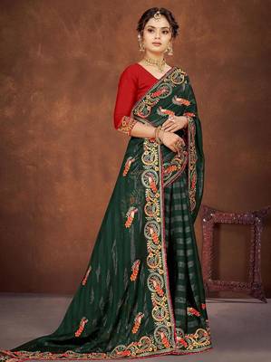 green color georgette embroidered saree with un-stitched blouse 2