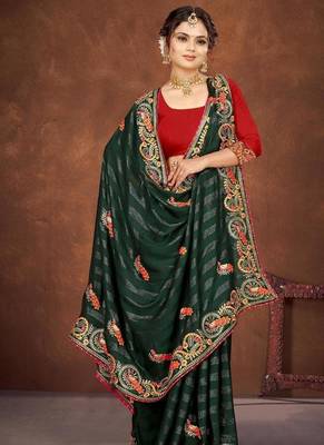 green color georgette embroidered saree with un-stitched blouse 3