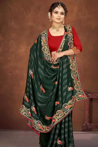 green color georgette embroidered saree with un-stitched blouse