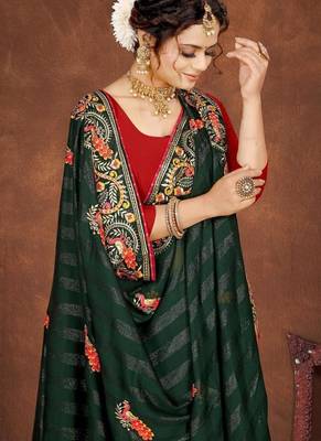 green color georgette embroidered saree with un-stitched blouse 4