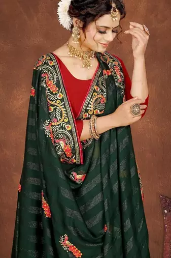 green color georgette embroidered saree with un-stitched blouse
