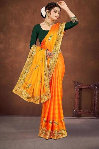 yellow color georgette embroidered saree with un-stitched blouse