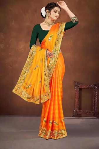 yellow color georgette embroidered saree with un-stitched blouse