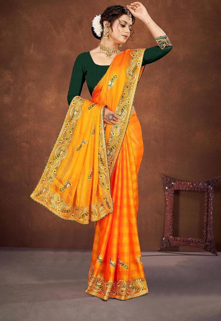 yellow color georgette embroidered saree with un-stitched blouse