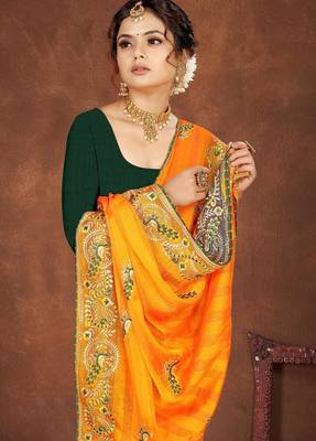 yellow color georgette embroidered saree with un-stitched blouse 2