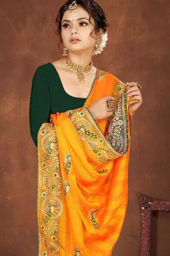 yellow color georgette embroidered saree with un-stitched blouse