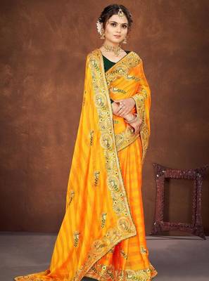 yellow color georgette embroidered saree with un-stitched blouse 4