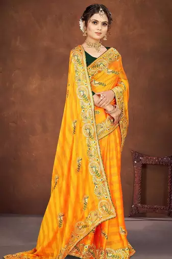 yellow color georgette embroidered saree with un-stitched blouse
