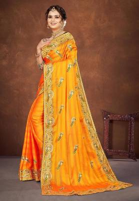 yellow color georgette embroidered saree with un-stitched blouse 5