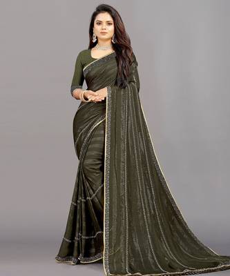 mehendi color georgette siroski work border saree with un-stitched blouse 1