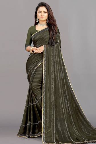mehendi color georgette siroski work border saree with un-stitched blouse