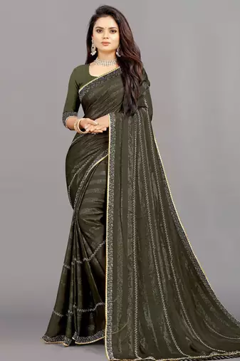 mehendi color georgette siroski work border saree with un-stitched blouse