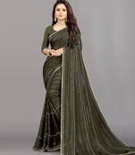 mehendi color georgette siroski work border saree with un-stitched blouse
