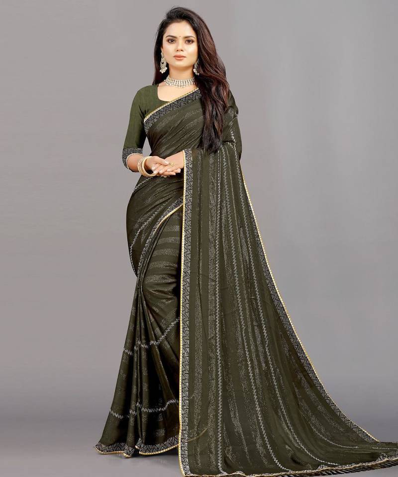 mehendi color georgette siroski work border saree with un-stitched blouse