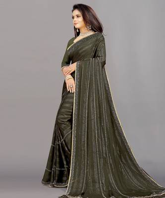 mehendi color georgette siroski work border saree with un-stitched blouse 2