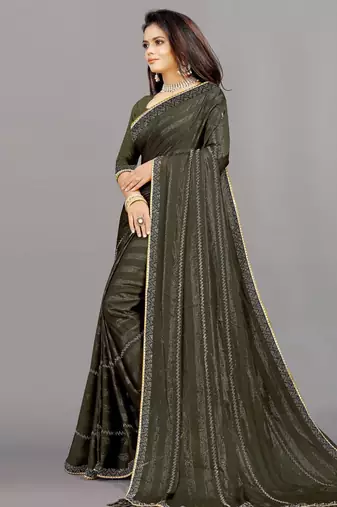 mehendi color georgette siroski work border saree with un-stitched blouse