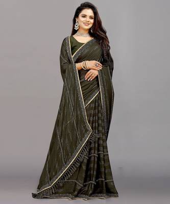 mehendi color georgette siroski work border saree with un-stitched blouse 3