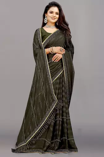 mehendi color georgette siroski work border saree with un-stitched blouse