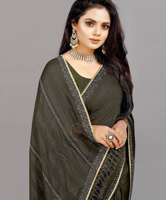 mehendi color georgette siroski work border saree with un-stitched blouse 4