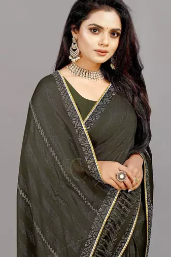 mehendi color georgette siroski work border saree with un-stitched blouse