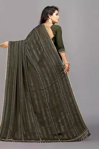 mehendi color georgette siroski work border saree with un-stitched blouse