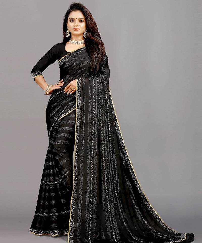 black color georgette siroski work border saree with un-stitched blouse