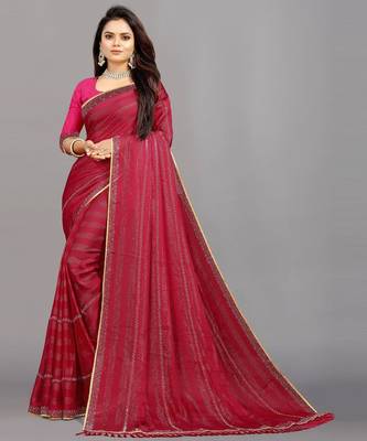 rani pink color georgette siroski work border saree with un-stitched blouse 1