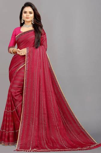 rani pink color georgette siroski work border saree with un-stitched blouse