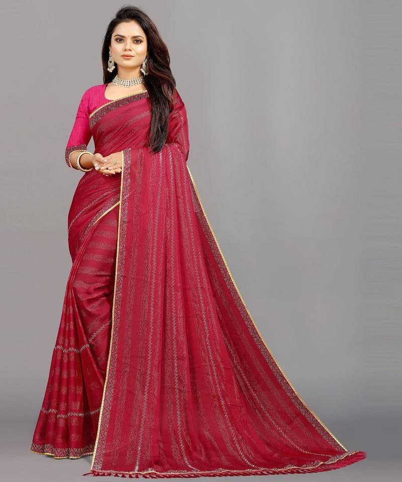 rani pink color georgette siroski work border saree with un-stitched blouse