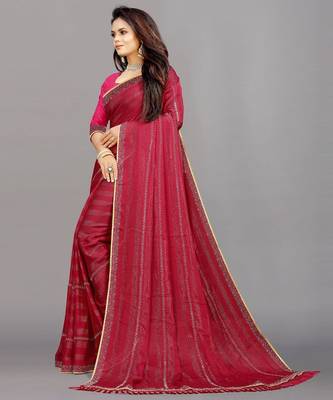 rani pink color georgette siroski work border saree with un-stitched blouse 2