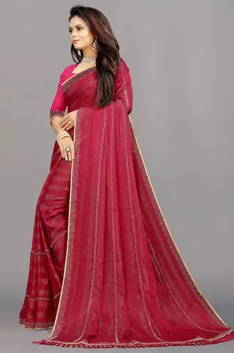 rani pink color georgette siroski work border saree with un-stitched blouse