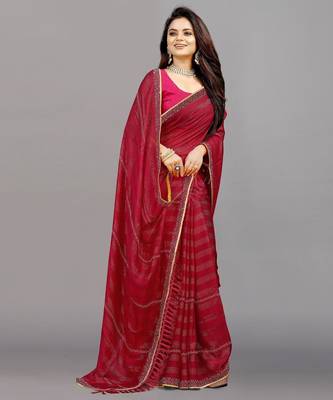 rani pink color georgette siroski work border saree with un-stitched blouse 3