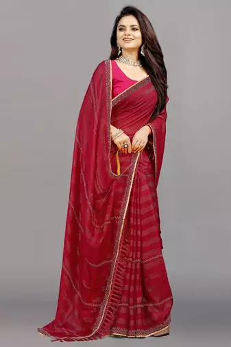rani pink color georgette siroski work border saree with un-stitched blouse