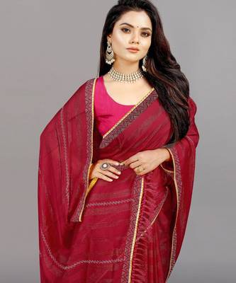 rani pink color georgette siroski work border saree with un-stitched blouse 4