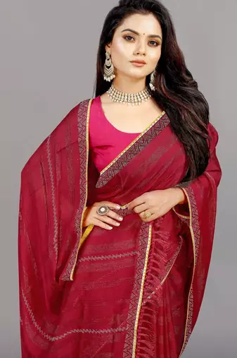 rani pink color georgette siroski work border saree with un-stitched blouse