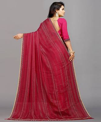 rani pink color georgette siroski work border saree with un-stitched blouse 5