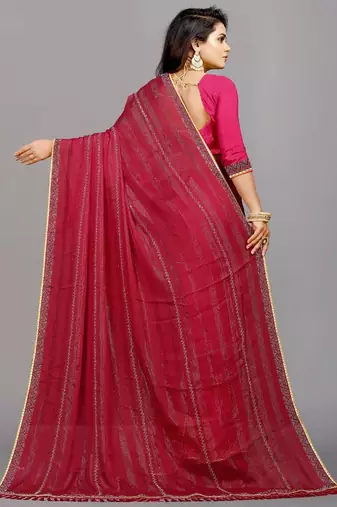 rani pink color georgette siroski work border saree with un-stitched blouse
