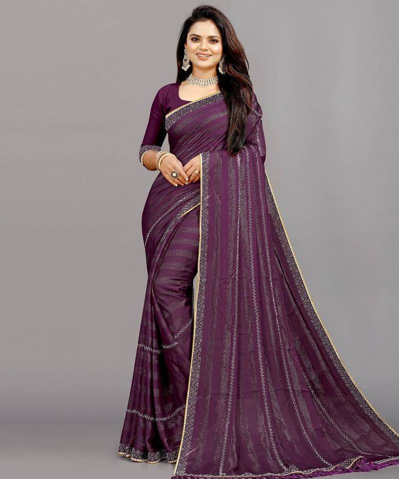 purple color georgette siroski work border saree with un-stitched blouse