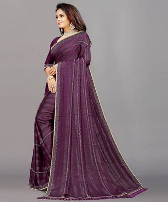purple color georgette siroski work border saree with un-stitched blouse 2
