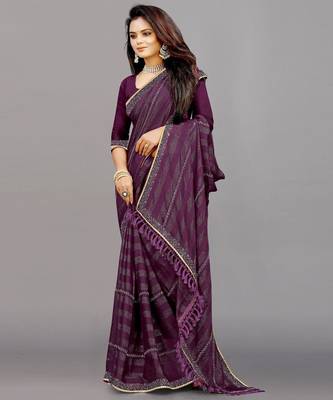 purple color georgette siroski work border saree with un-stitched blouse 3