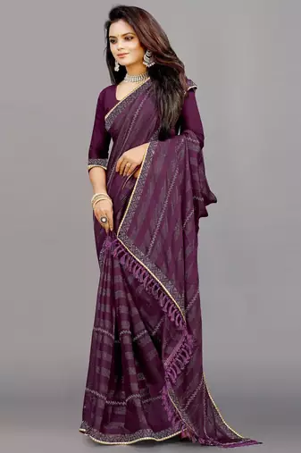 purple color georgette siroski work border saree with un-stitched blouse