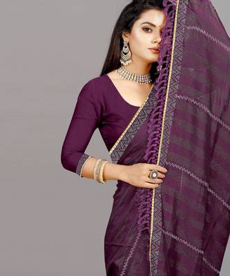 purple color georgette siroski work border saree with un-stitched blouse 4