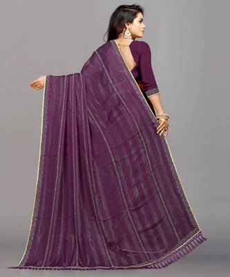 purple color georgette siroski work border saree with un-stitched blouse 5